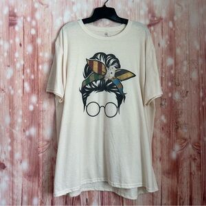 Partee Ivory Messy Bun Glasses Girl Oversized Crewneck T shirt Size XL